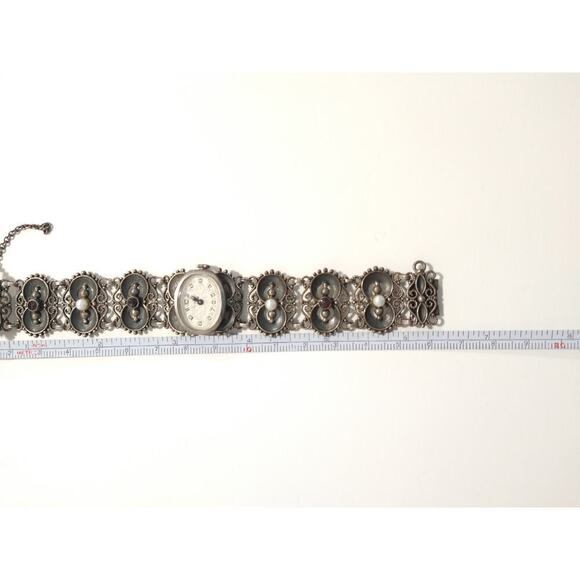Antique Women`s Wrist Watch Bergland Filigree Sterling Silver Pearls Garnets - Picture 8 of 16